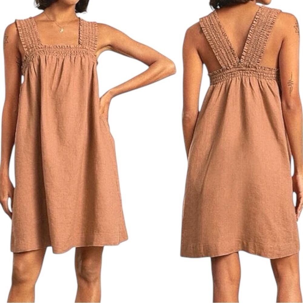 EVERLANE The Smocked Linen Dress Sleeveless Brown Mini Medium NWT